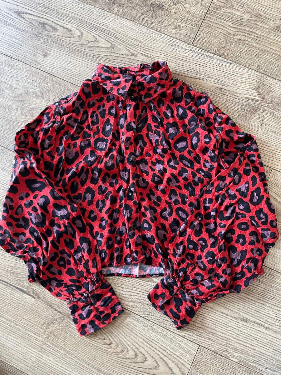 Bershka Red Leopard Print Cropped Blouse Shirt XS