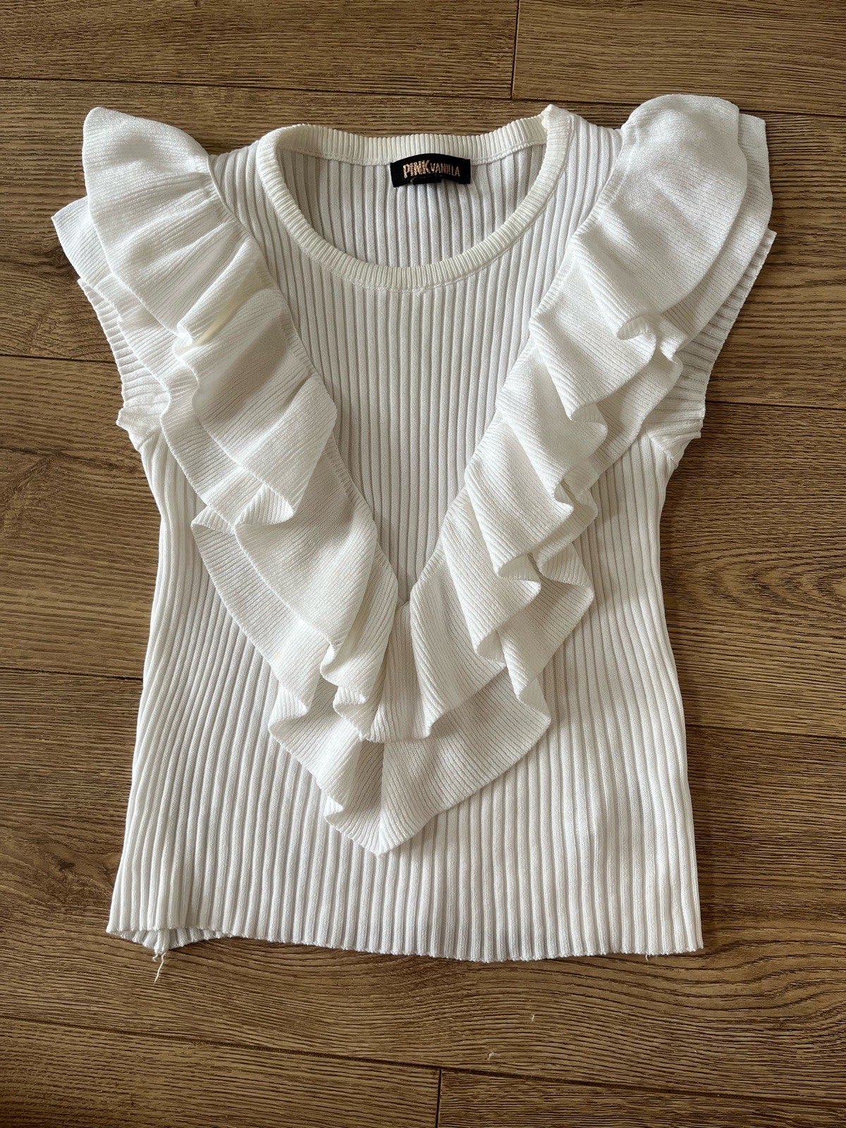 Pink Vanilla White Ribbed Ruffle Knit Top - Size S