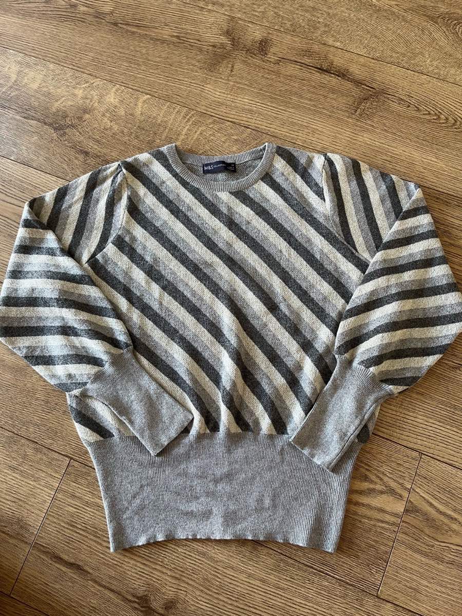 M&S Grey Striped Sparkly Blouson Sleeve Jumper Size 14