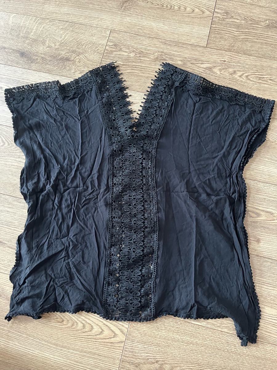 Black Boho Embroidered V-Neck Beach Dress Cover Up Small