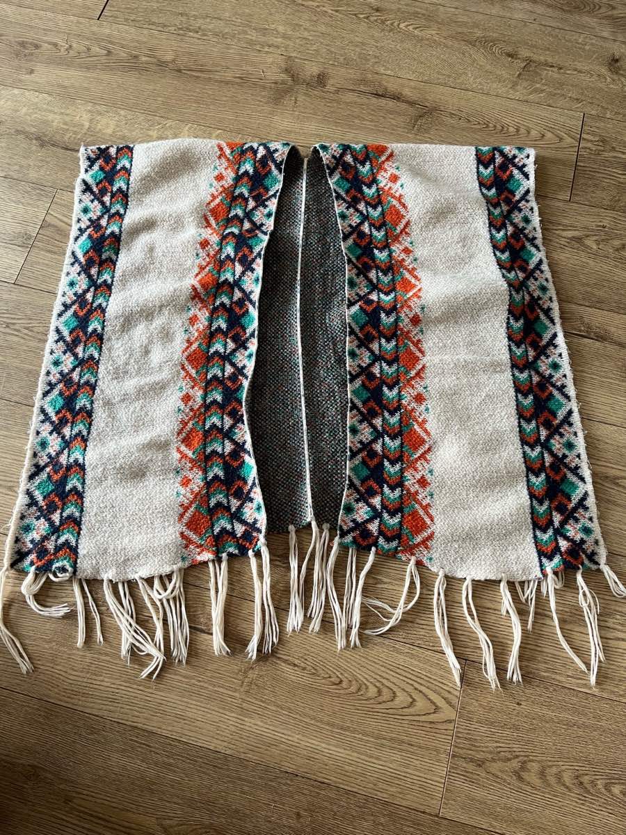Boho Geometric Knit Fringed Poncho Cape | One Size