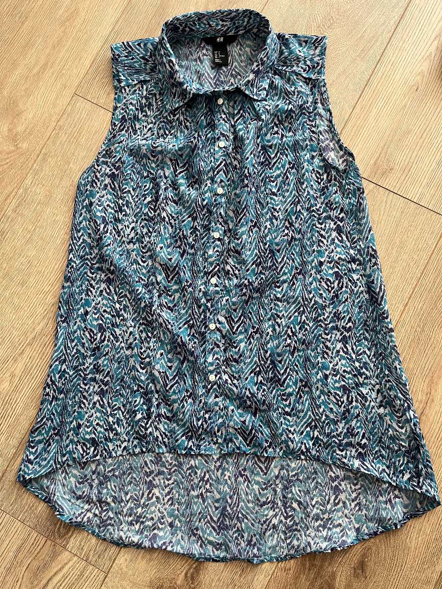 H&M Blue Geometric Print Sleeveless Blouse High Low Hem EUR 34