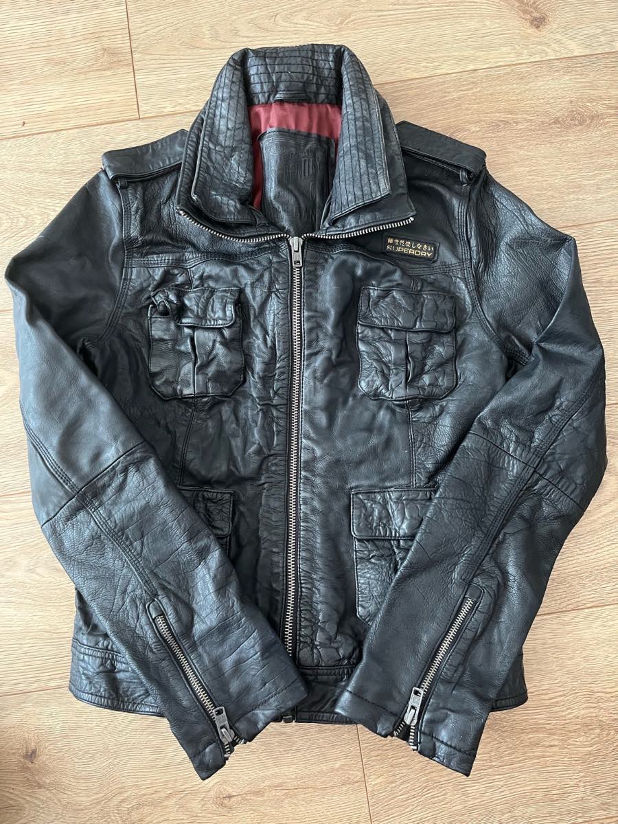 Vintage Superdry Black Leather Brad Biker Jacket - Size Large
