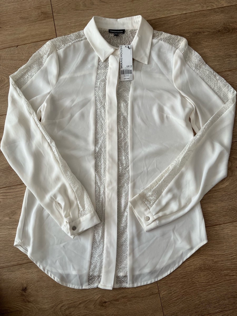 BNWT Warehouse Off-White Lace Panel Long Sleeve Shirt - Size 8