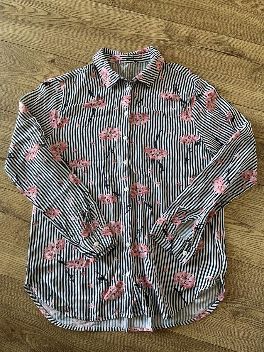 WAREHOUSE Striped Floral Shirt Blouse Size 10 Black White Pink Flower Button Up Top