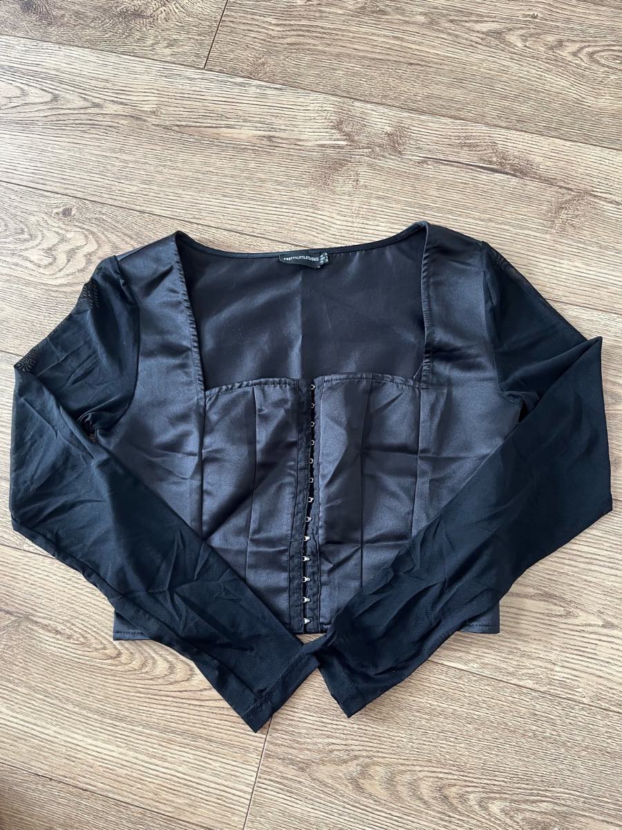 PLT Black Satin Corset Top with Mesh Long Sleeves Size 10