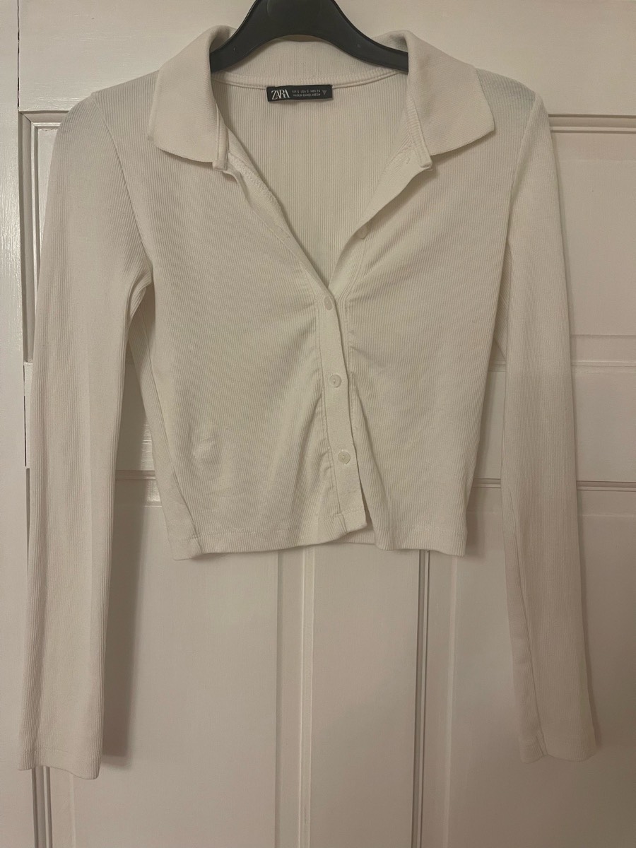 Zara White Ribbed Button Up Top
