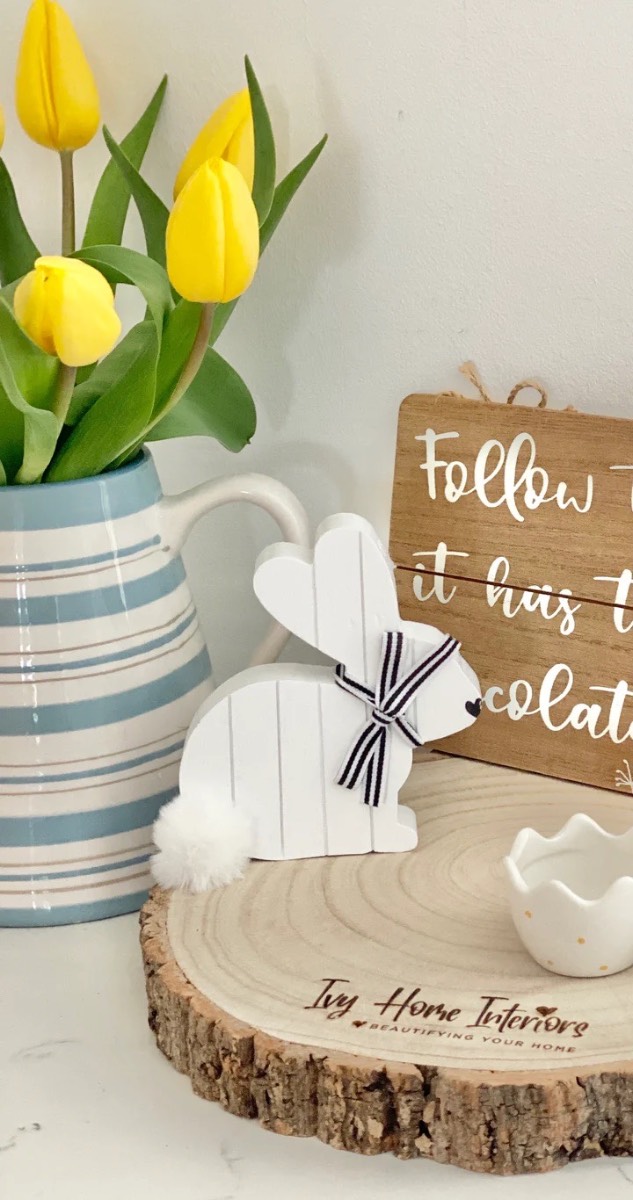 White Wooden Block Bunny with Ribbon