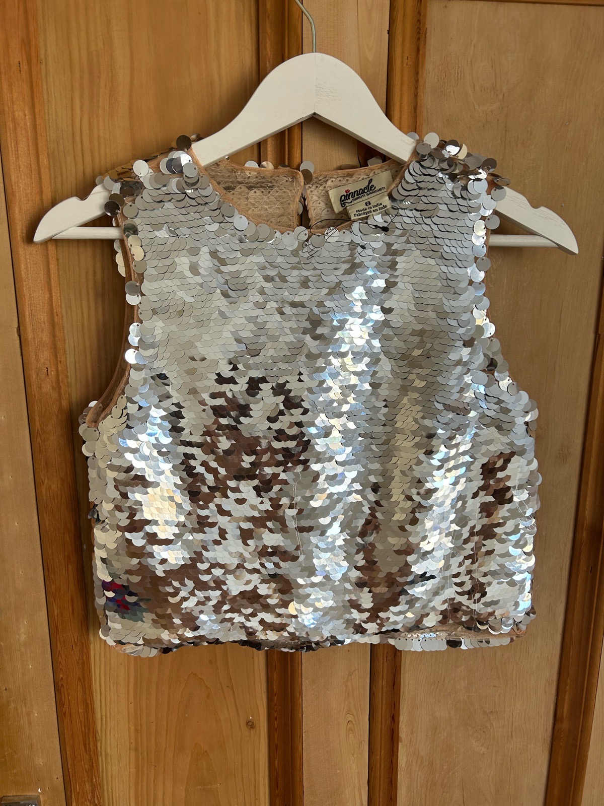 Pinnacle x Anthropologie Sequin Sleeveless Silver Disc Top - Size 8