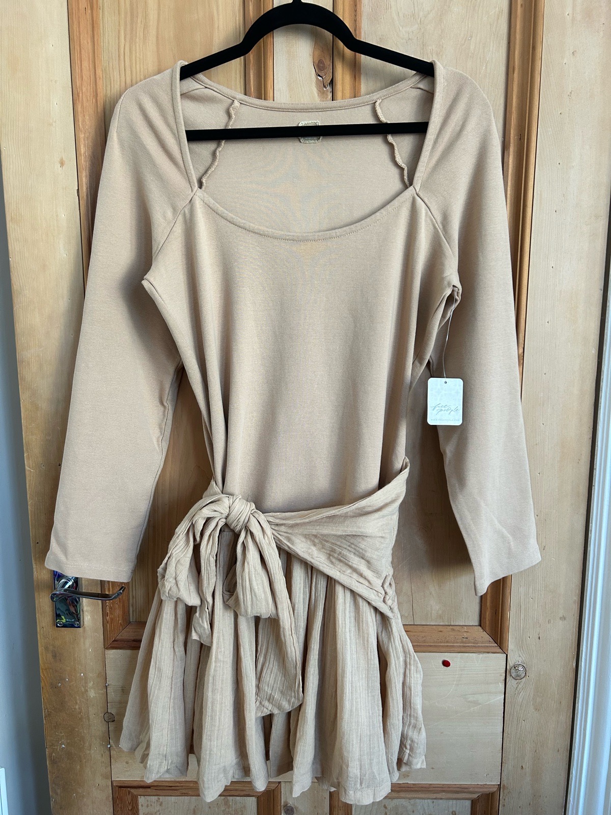 Free People Beige Lexi Drop Waist Mini Dress Long Sleeve Size XL