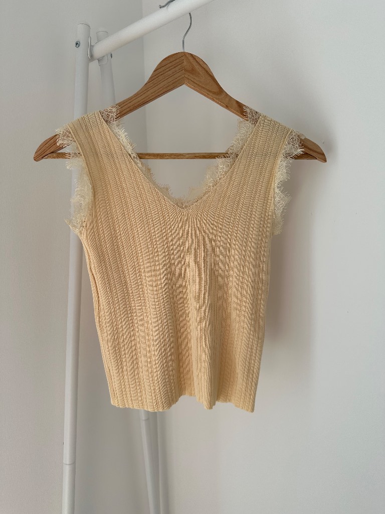Pastel Yellow Ribbed Knit Lace Cami Top
