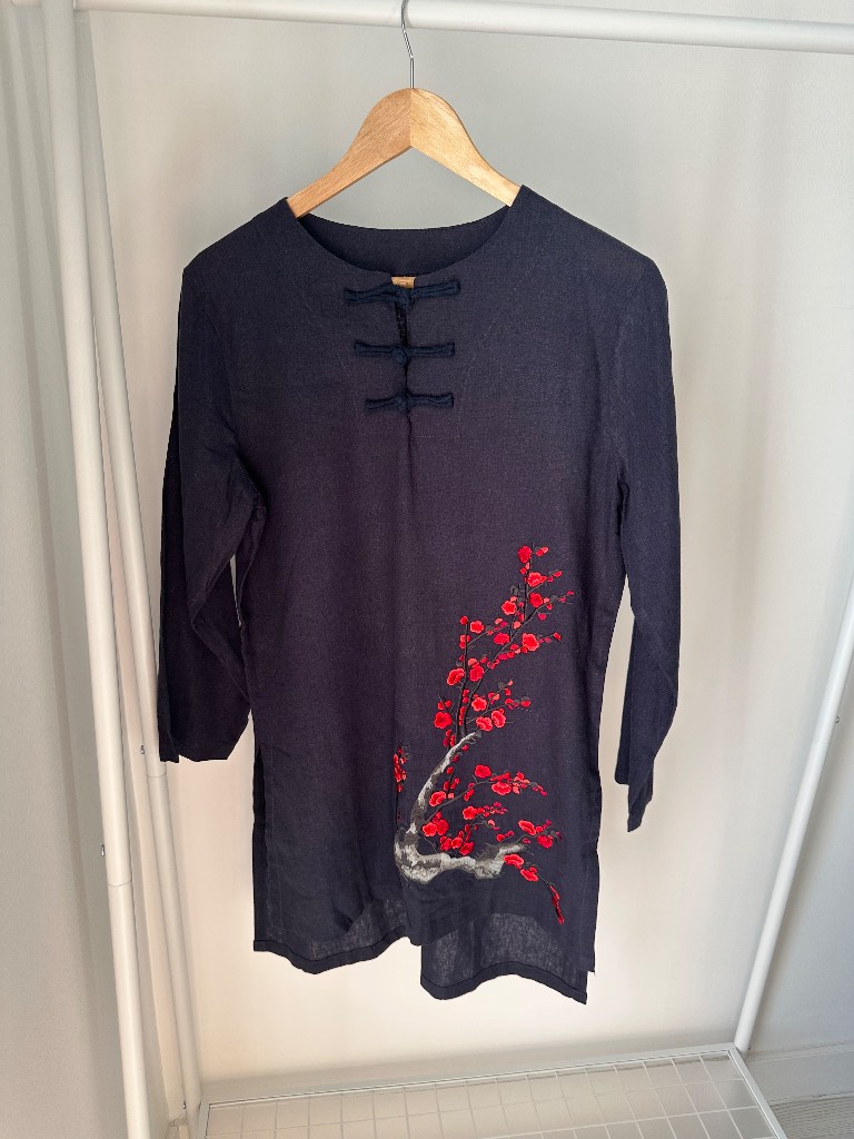 Vintage Navy Linen-Blend Chinoiserie Longline Tunics Top with Plum Blossom Embroidery