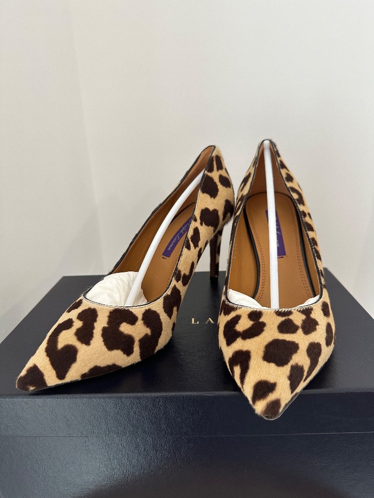 Ralph Lauren Purple Label Armissa Leopard Print Calf Hair Pumps Heels EU 37.5M