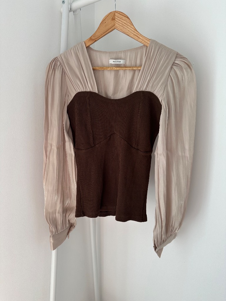 Women's Brown Ribbed Contrast Blouse/Top with Satin Sleeves