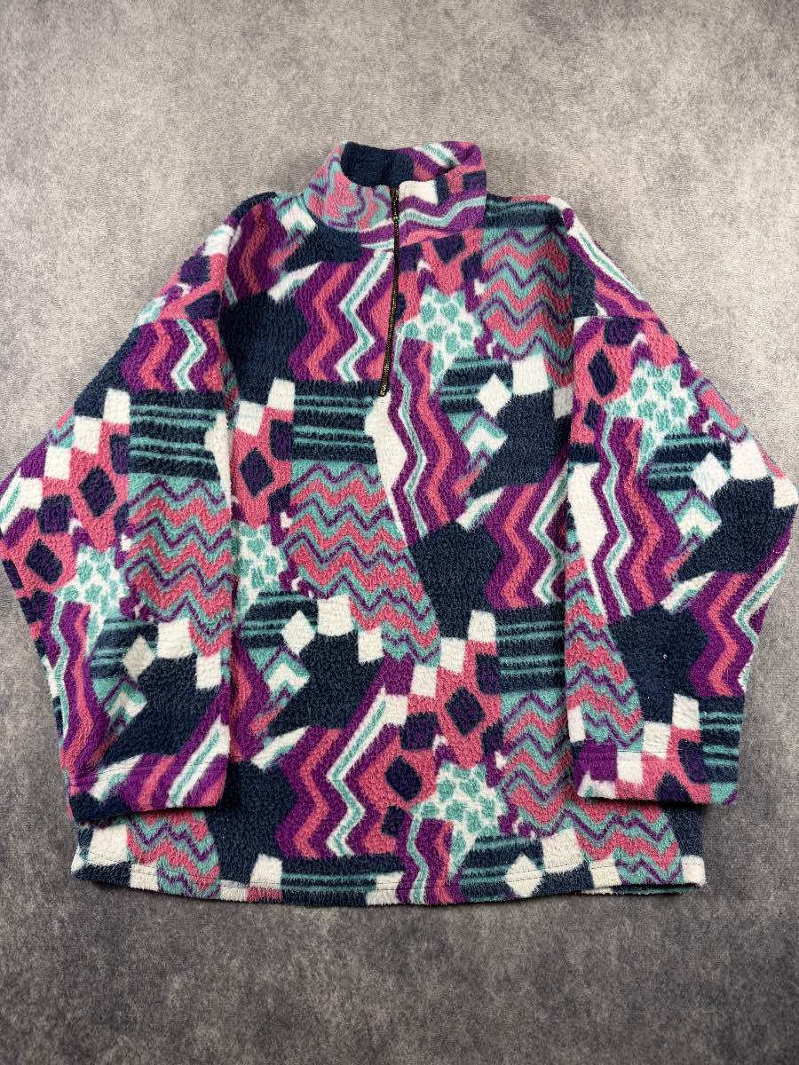 Vintage Style Crazy Fleece Size M Pink Purple Abstract Geometric 90s Retro Quarter Zip