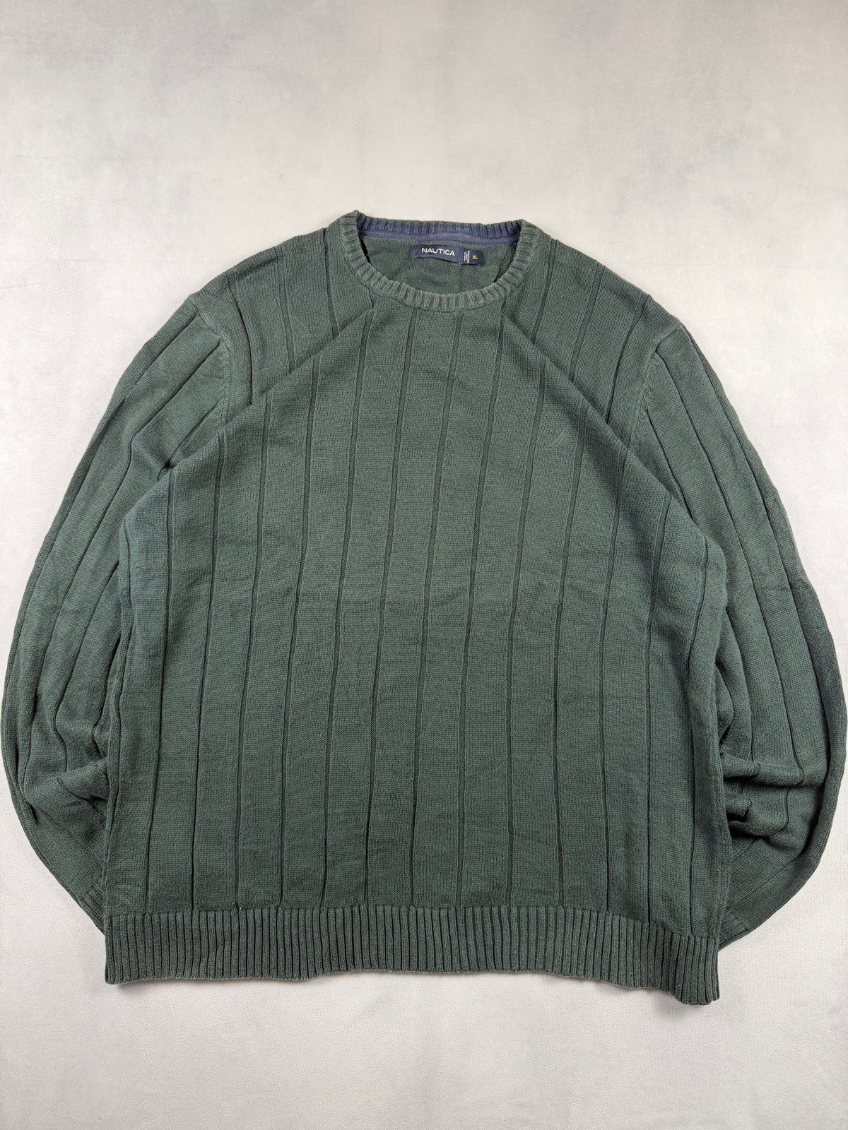 Nautica Jumper Men’s XL Green Ribbed Knit Crew Neck Cotton Sweater