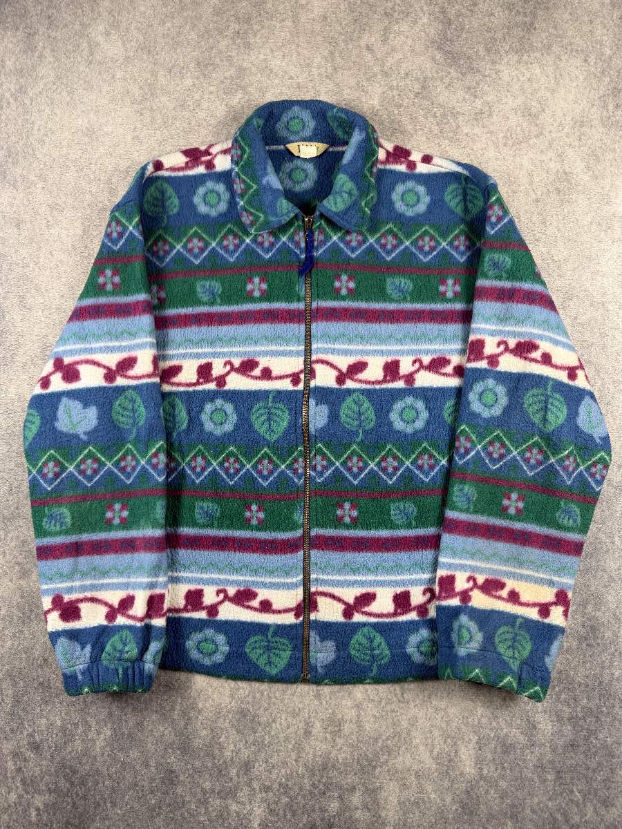 Teddi Vintage Style Patterned Fleece Jacket Size L Blue Green Floral Aztec 90s
