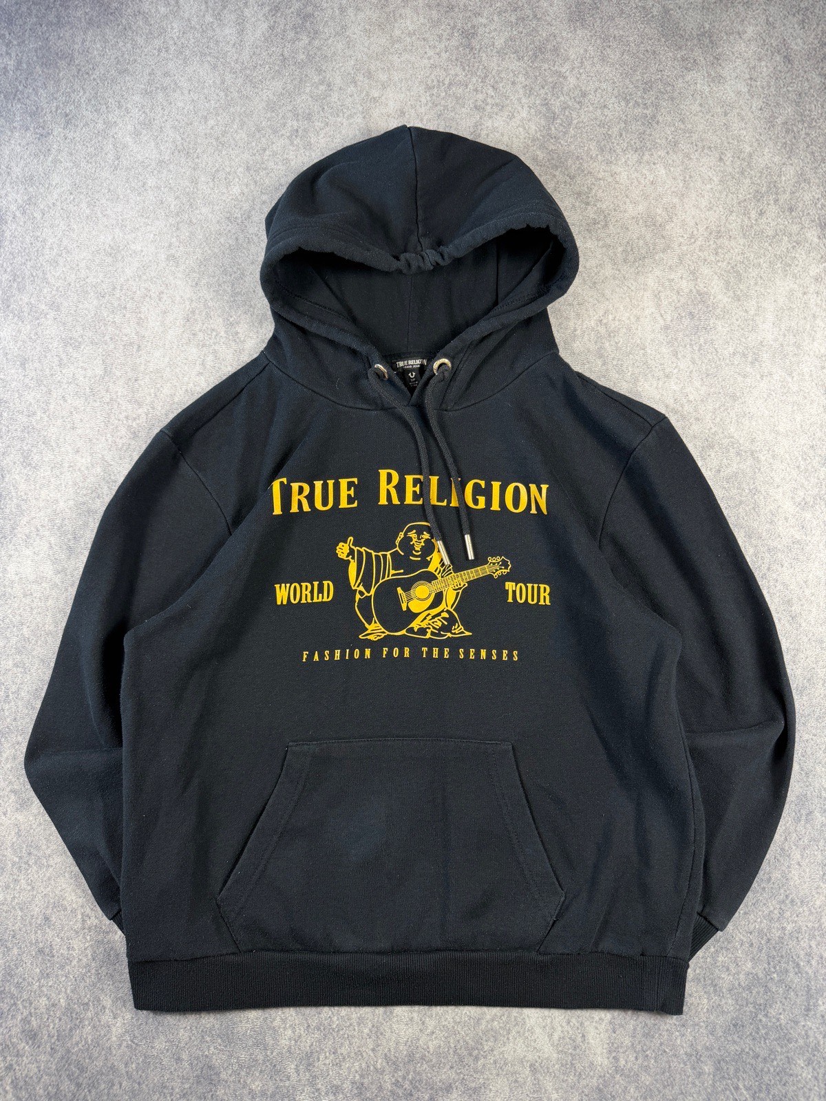 True Religion Buddha Boyfriend Hoodie Black Yellow World Tour Women’s Small