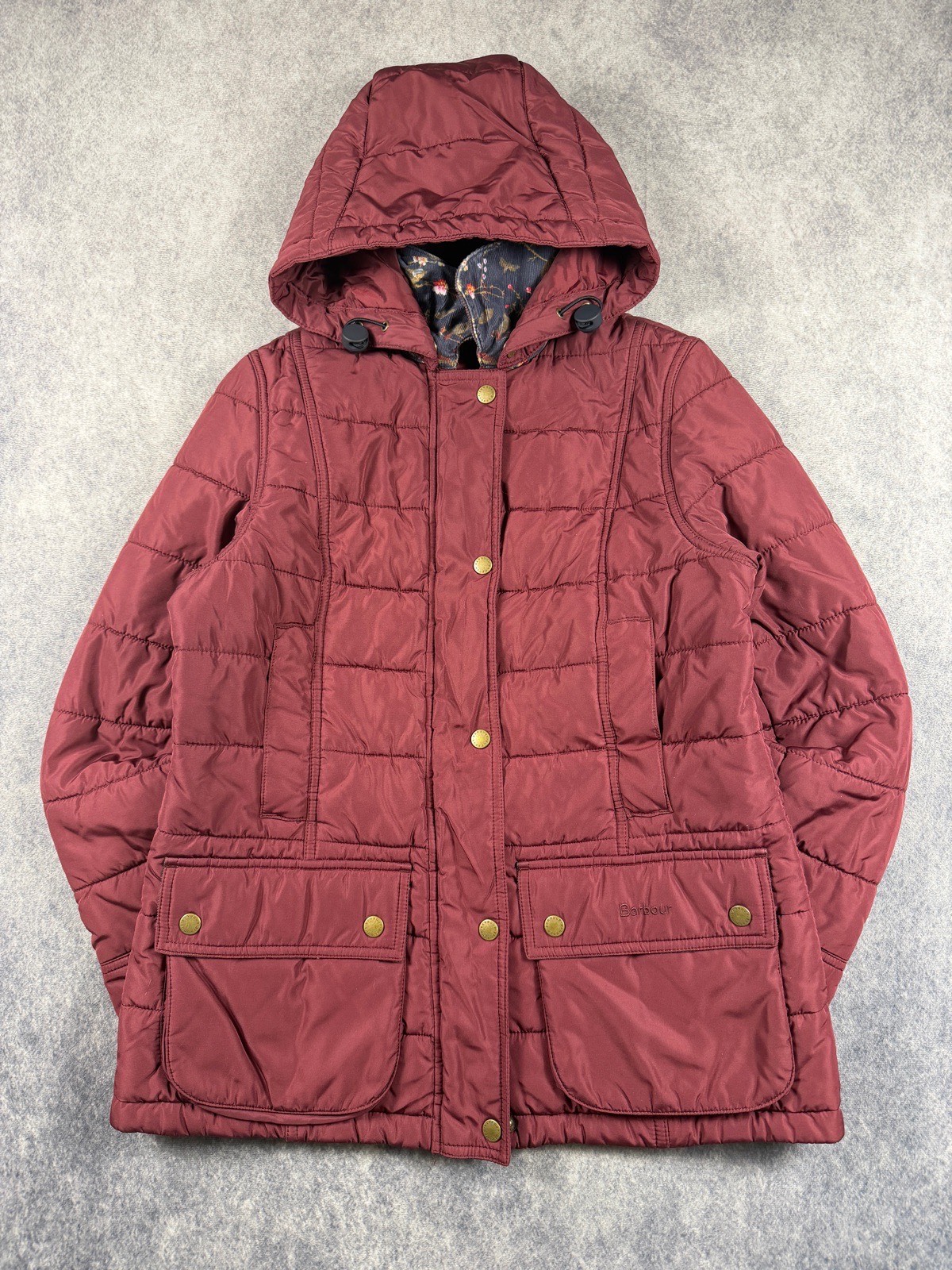 Barbour Ilkley Quilted Jacket Burgundy Women’s UK 10 Floral Corduroy Collar Hood