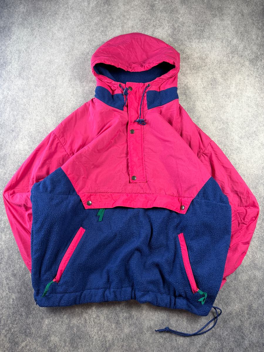 Vintage 90s GAP Arctic Light Fleece Jacket XL Pink Blue Pullover Anorak Hooded