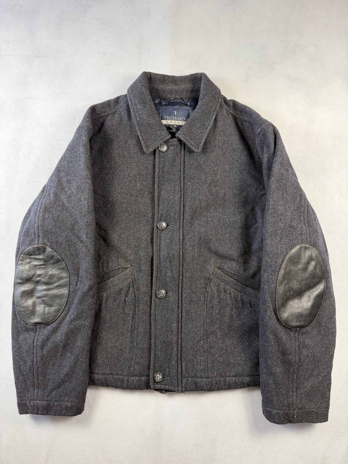 Trussardi Sport Men’s Grey Wool Style Jacket Leather Elbow Patches Size XL