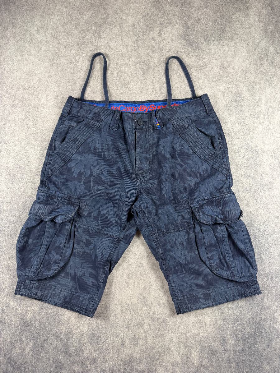 Superdry Lite Cargo Shorts Blue Palm Print W31 Utility Combat Military Summer