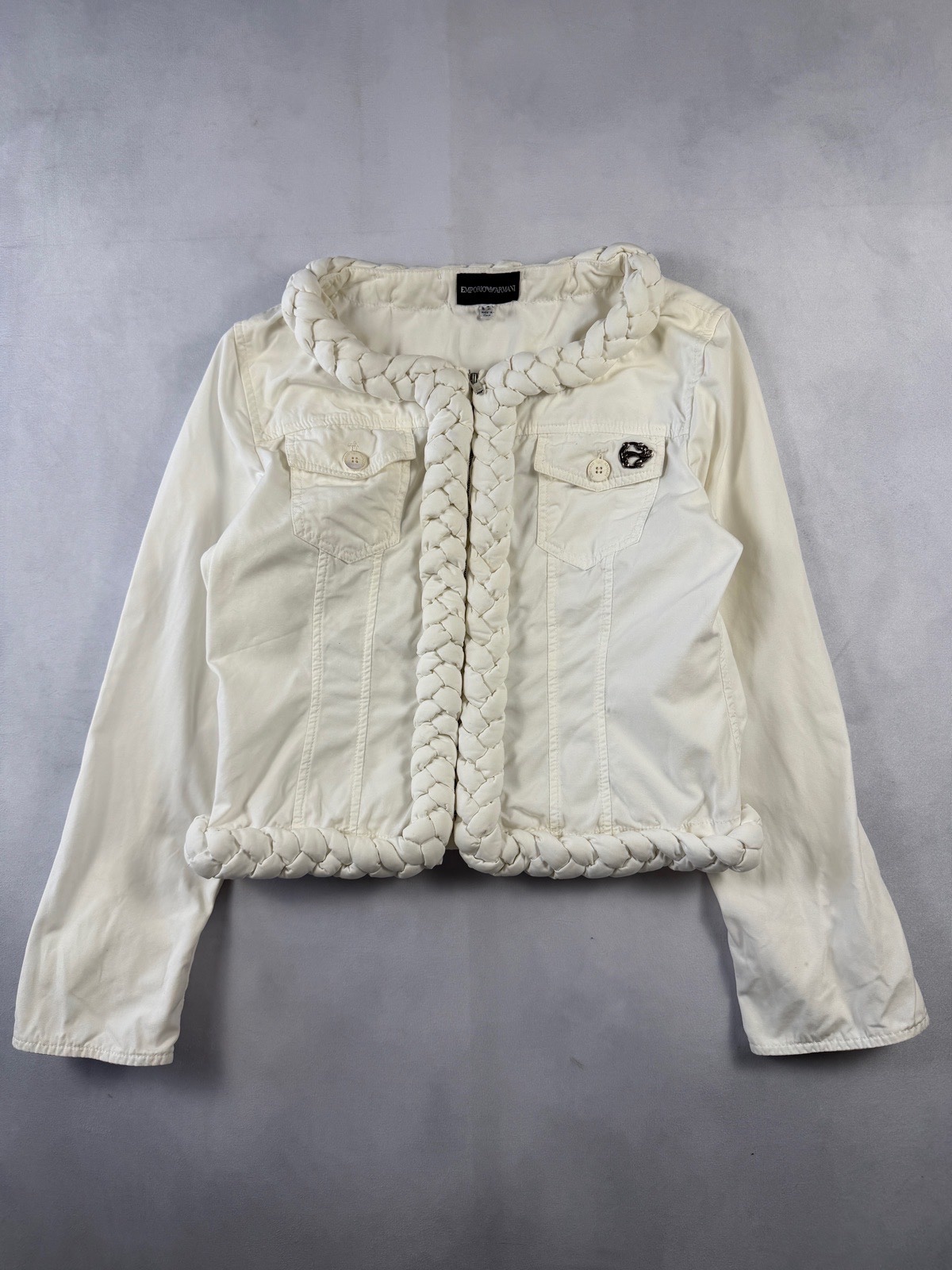 Emporio Armani Women’s White Braided Trim Zip Jacket UK 8-10 Designer Y2K