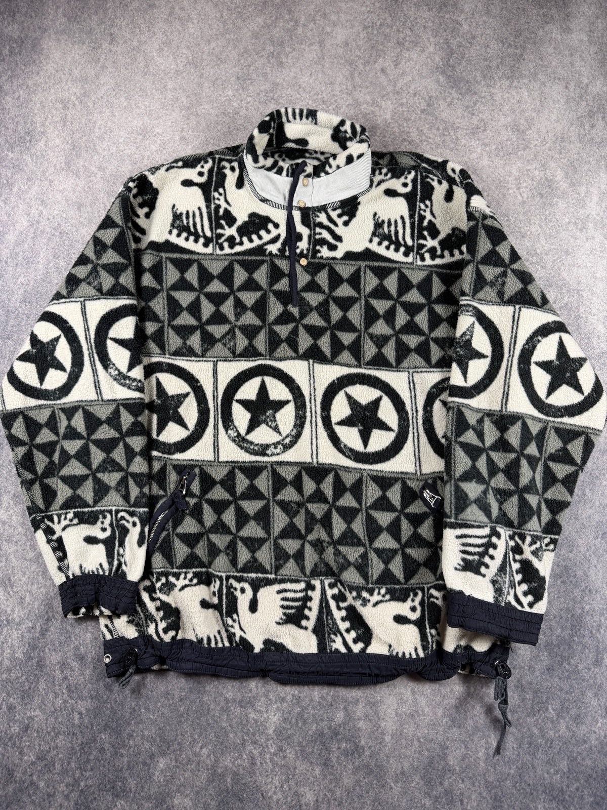 Vintage Crazy Pattern Fleece XL Black Grey Stars Animals Quarter Zip Y2K