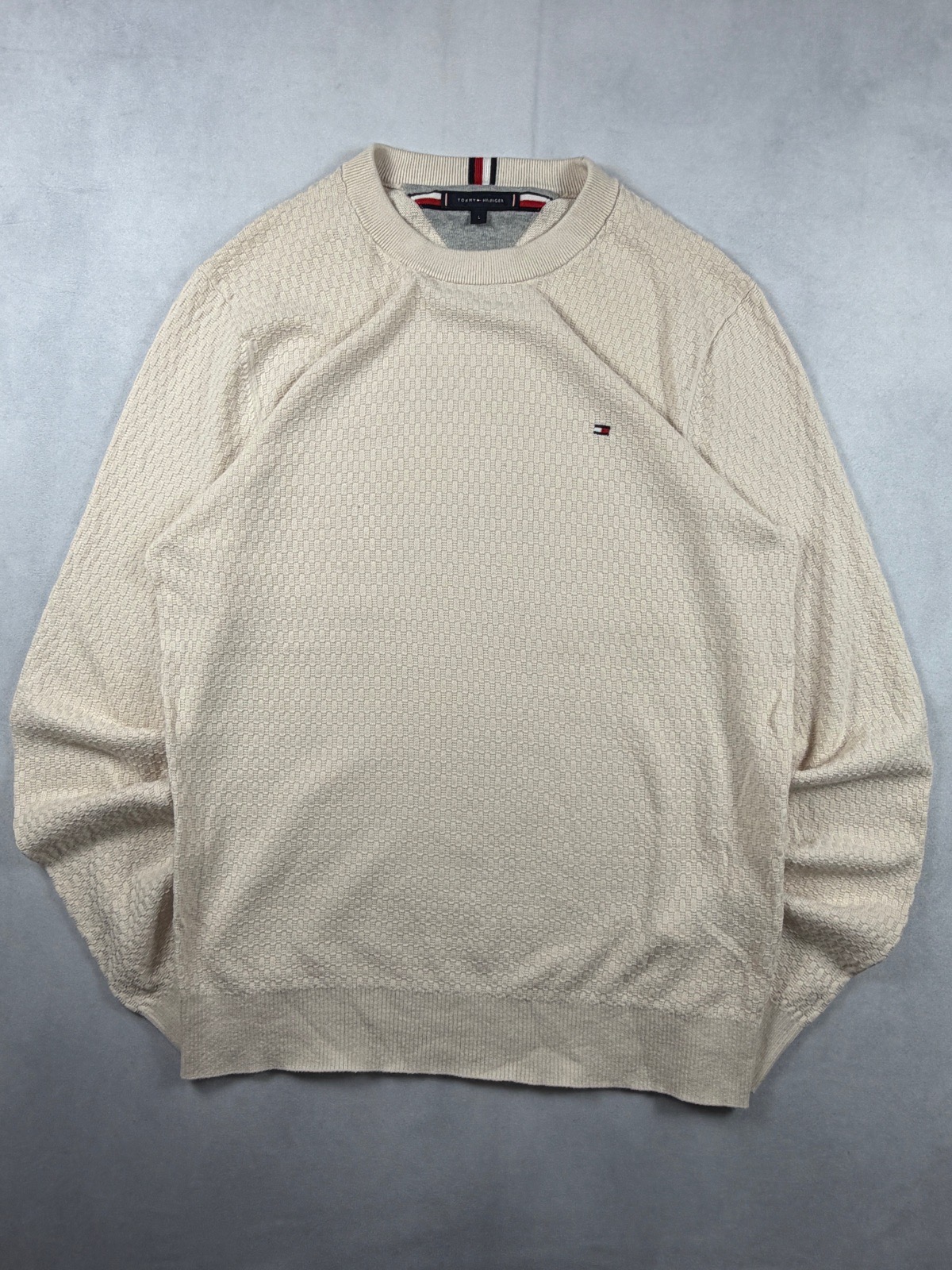 Tommy Hilfiger Textured Knit Crew Neck Jumper Size L Cream Beige Flag Logo