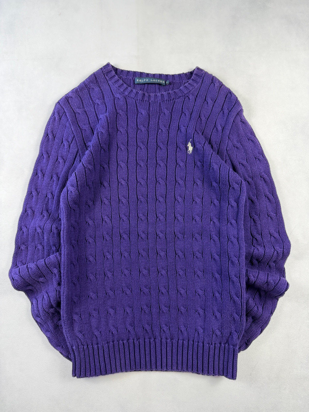 Ralph Lauren Women’s Cable Knit Jumper Purple Size S Pony Logo Preppy