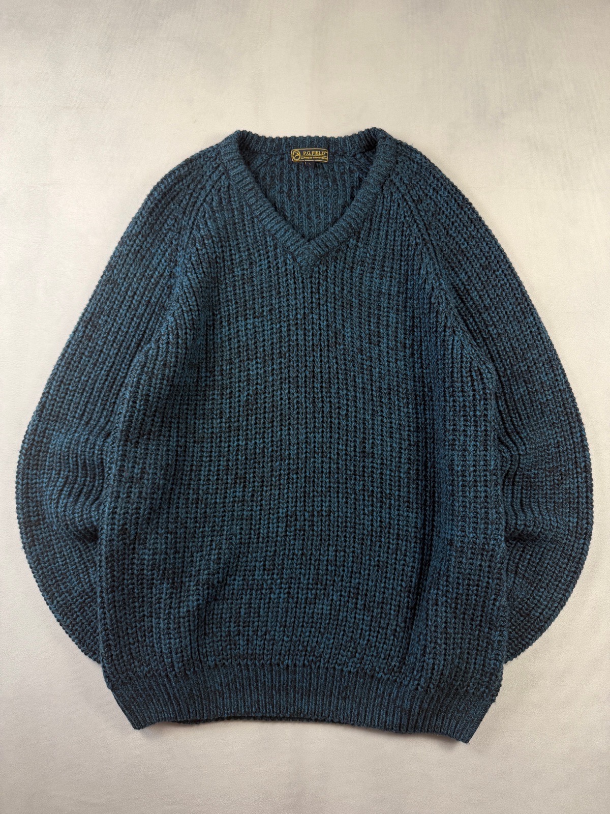P.G. Field Fisherman Rib Chunky Knit V-Neck Jumper Teal Size L