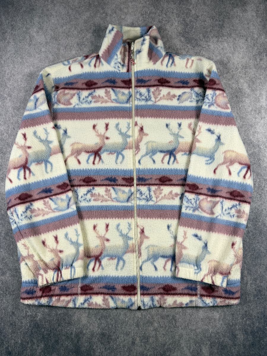 TanJay Patterned Reindeer Fleece Jacket Size S Cream Blue Pink Vintage Style 90s