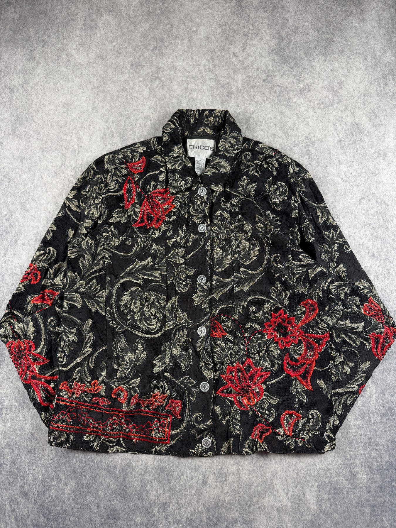 Chico’s Tapestry Jacket Size S Black Red Floral Embroidered Vintage Style