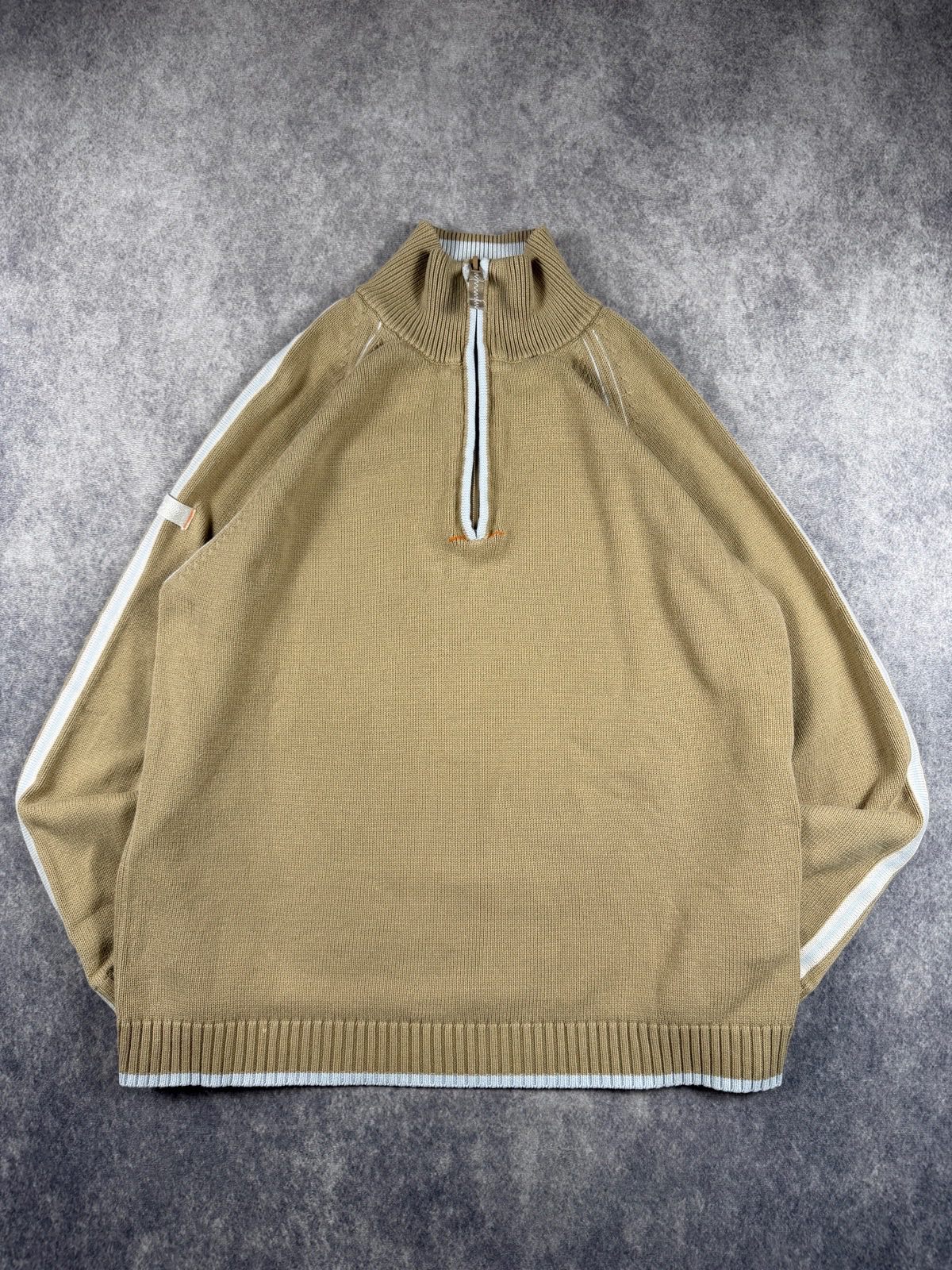 Wrangler Quarter Zip Knit Jumper Beige Cream Size L Striped Sleeve