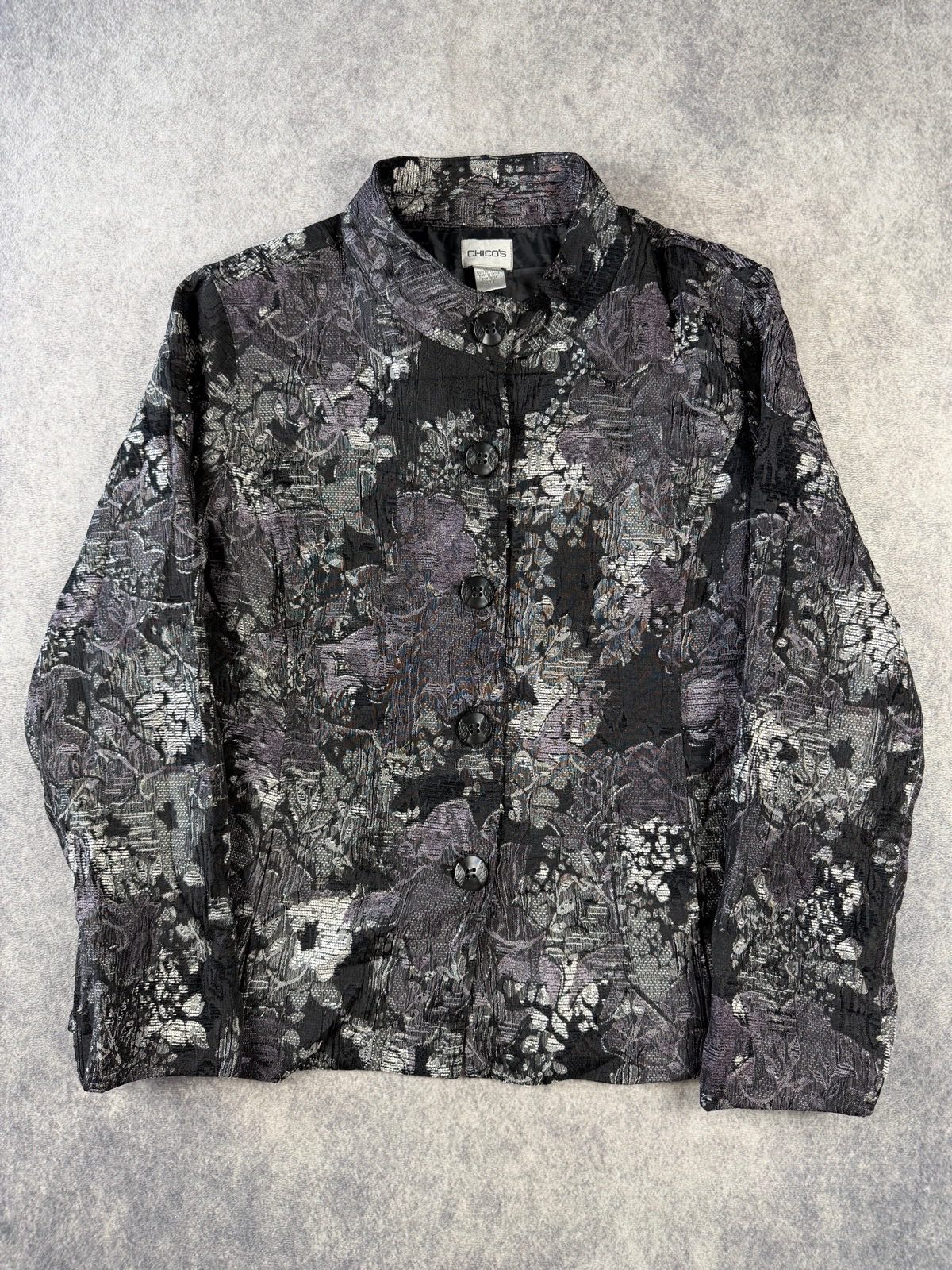 Chico’s Floral Jacquard Jacket UK 12 US 2 Black Grey Purple Tapestry Blazer