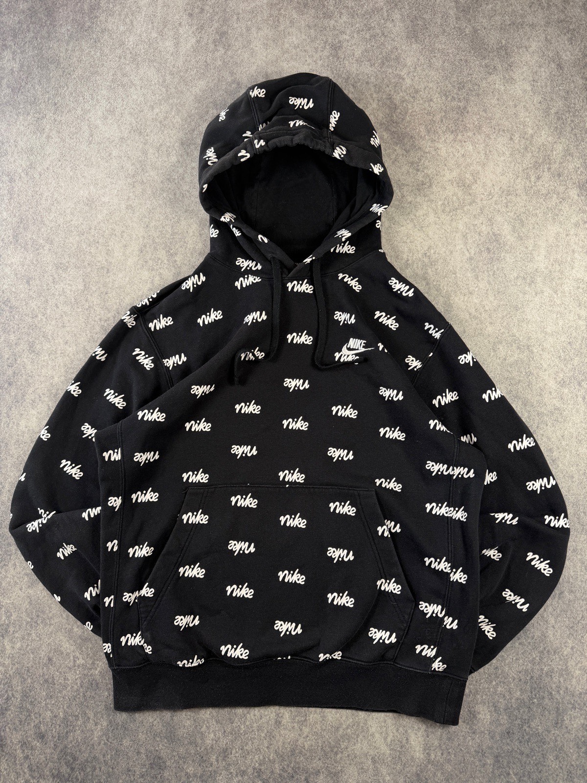Nike Black All Over Script Logo Hoodie Size S Oversized Unisex Men’s M