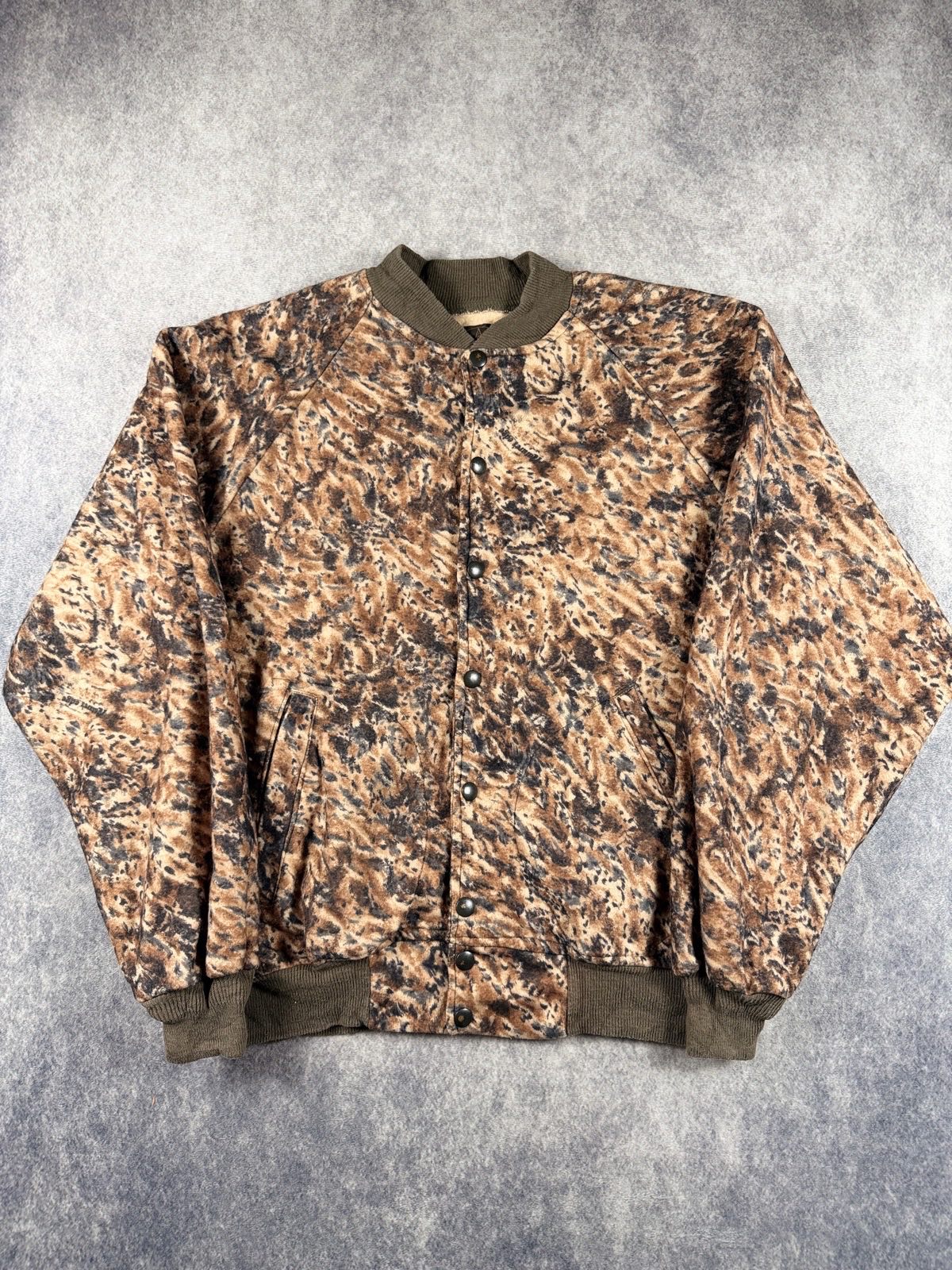 Vintage Flint Ridge Camo Fleece Bomber Jacket Size M Made in USA Hunting Outdoor