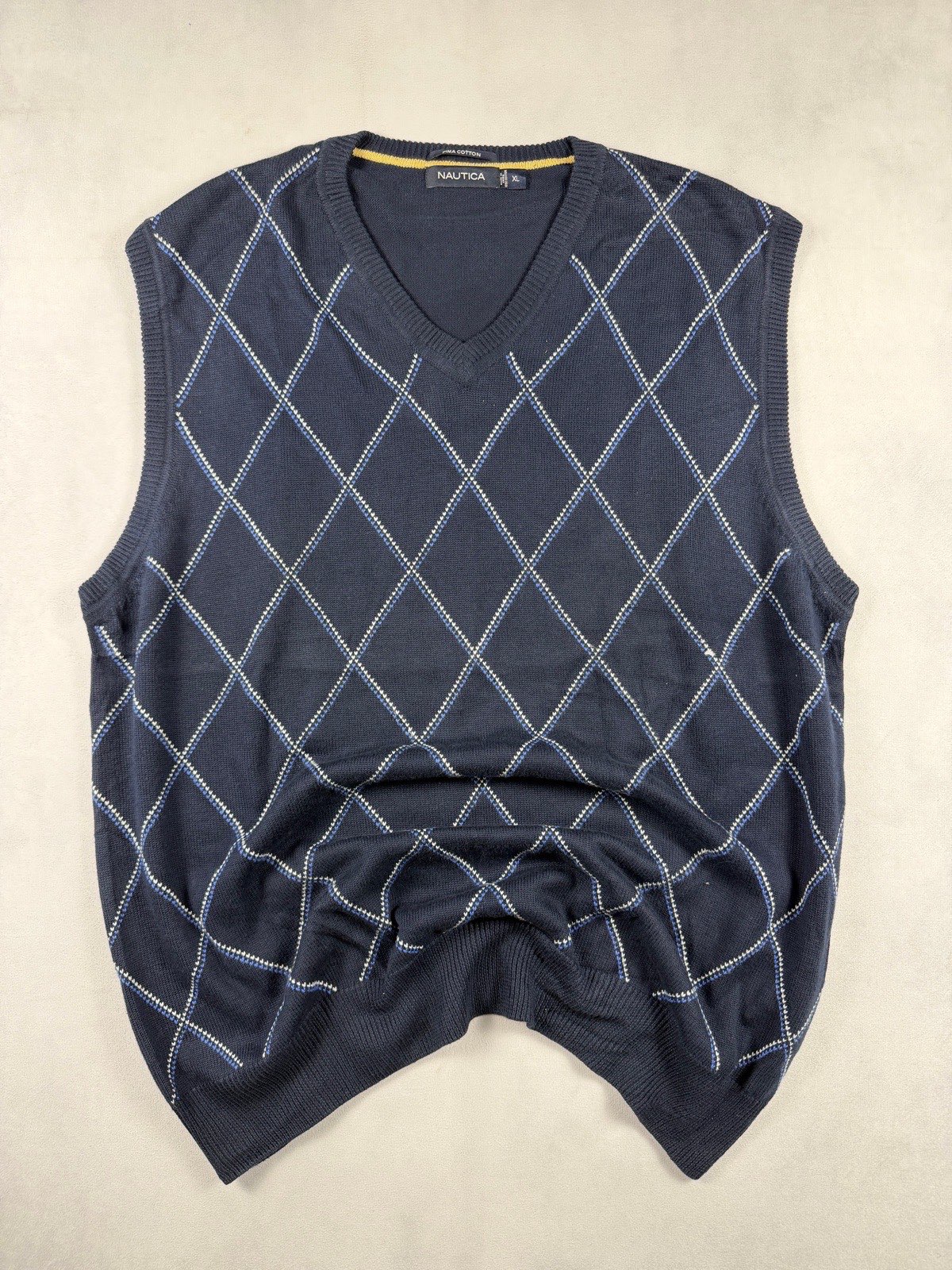 Nautica Argyle Sweater Vest Men’s XL Navy Blue Pima Cotton Preppy