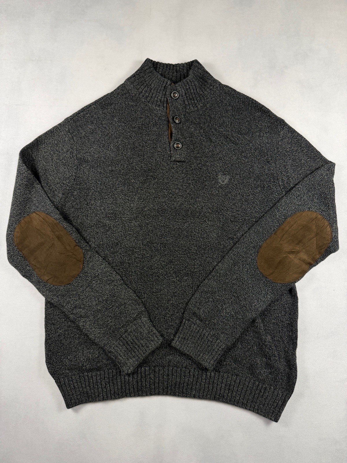 Chaps Ralph Lauren Jumper Men’s L Grey Cotton Knit Elbow Patch Button Neck