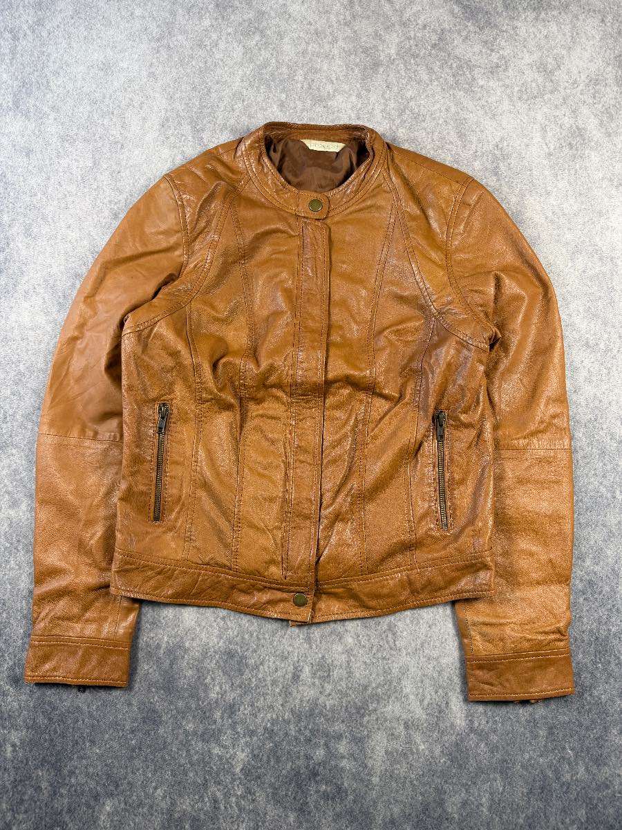 Promod Tan Brown Real Leather Biker Jacket UK 6 8 Y2K Moto