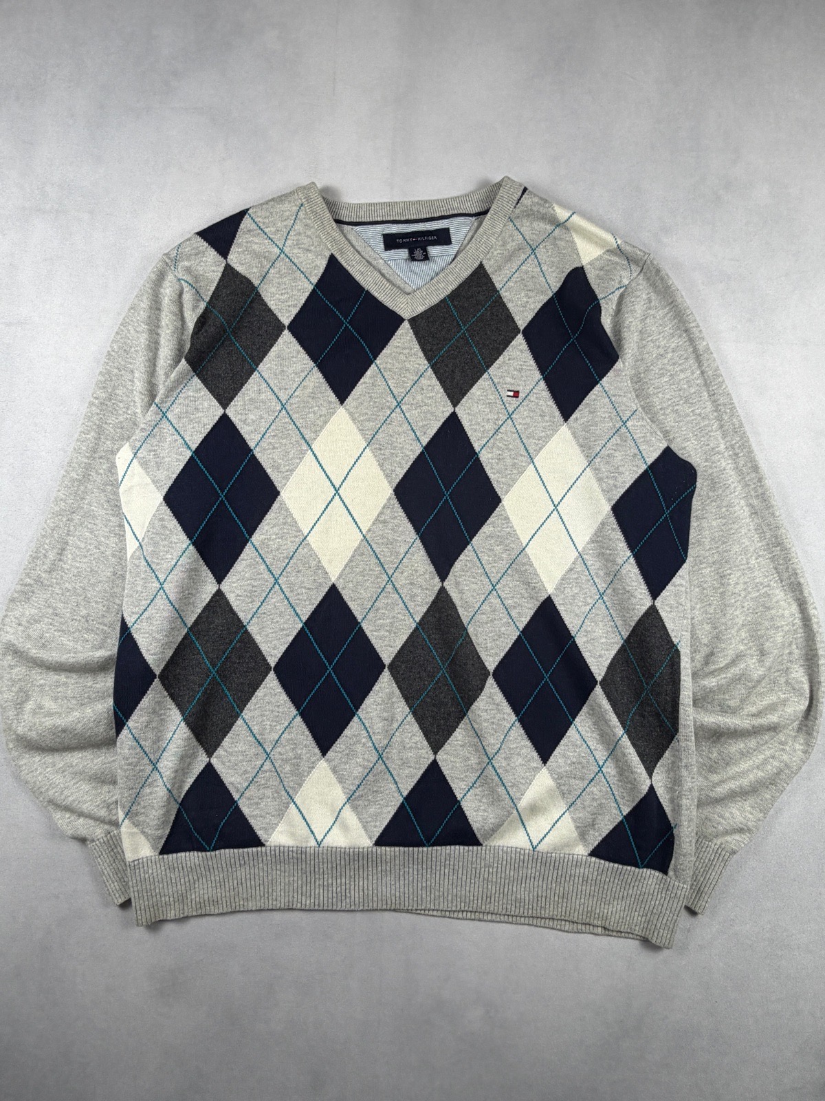 Tommy Hilfiger Argyle V Neck Jumper Size L Grey Navy Preppy Diamond Knit