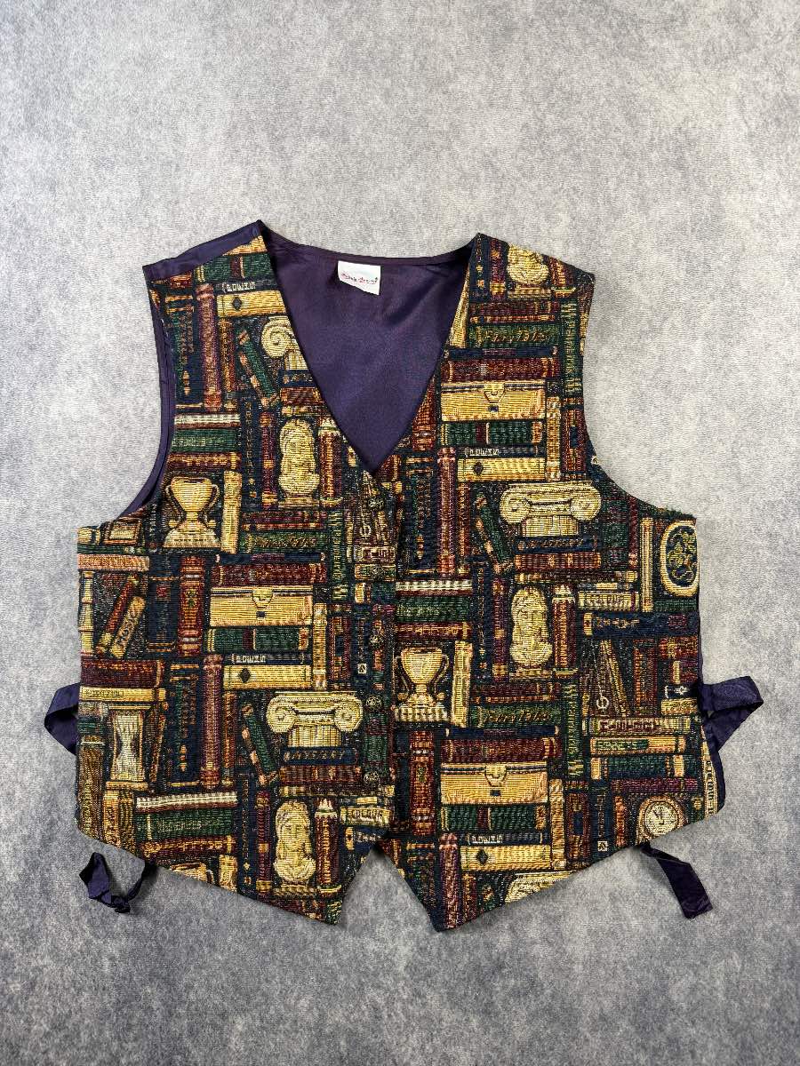 Bobbie Brooks Vintage Style Tapestry Waistcoat Vest Books Library Gobelin Women’s UK 14-16