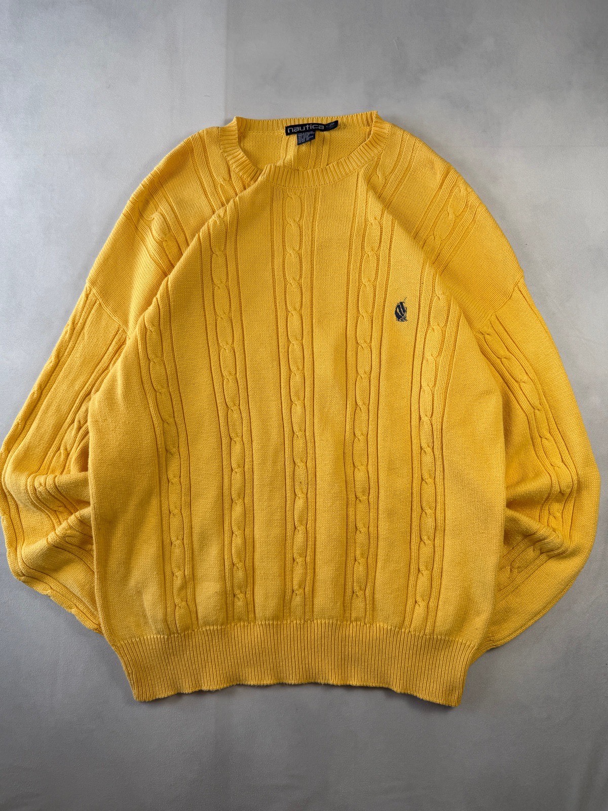 Vintage Nautica Cable Knit Jumper Men’s L Yellow Mustard Preppy 90s Knit Sweater