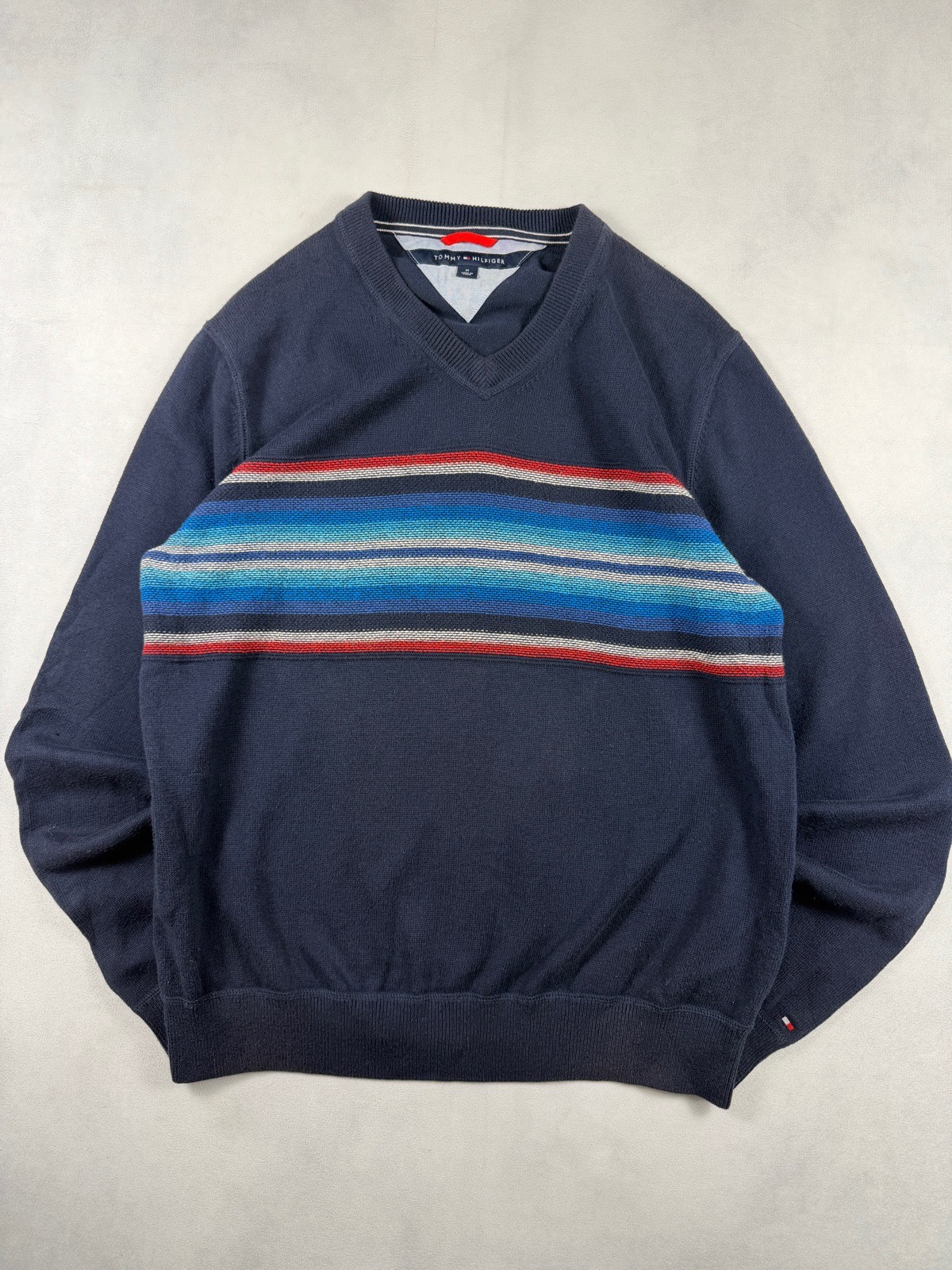 Tommy Hilfiger V Neck Jumper Size M Navy Blue Striped Preppy Knit
