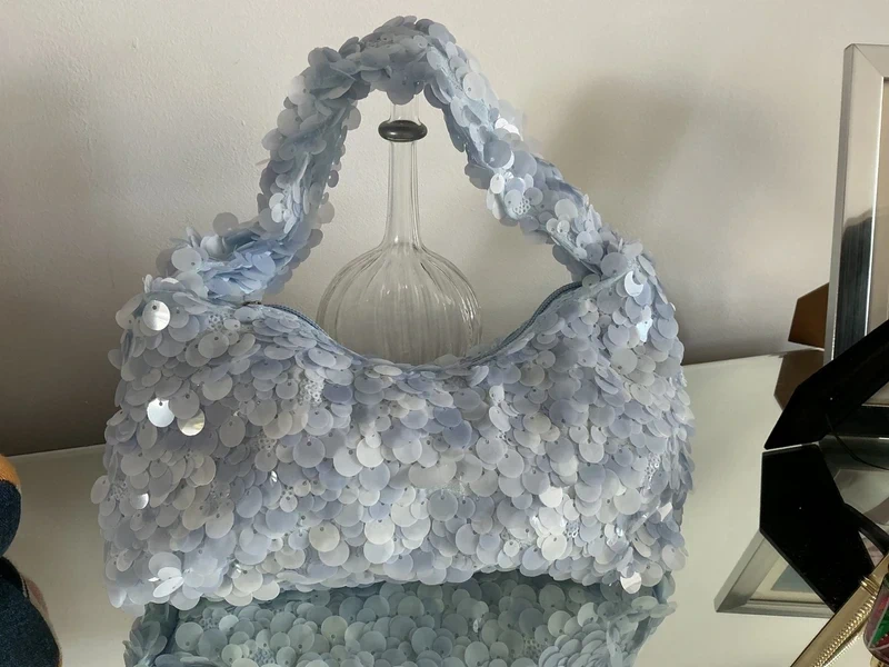 Blue sequinned bag bridal hen party something borrowed new summer