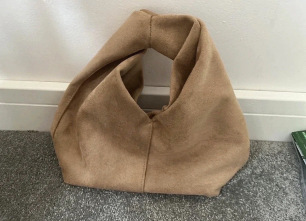 Faux suede tan twisted handle handbag new