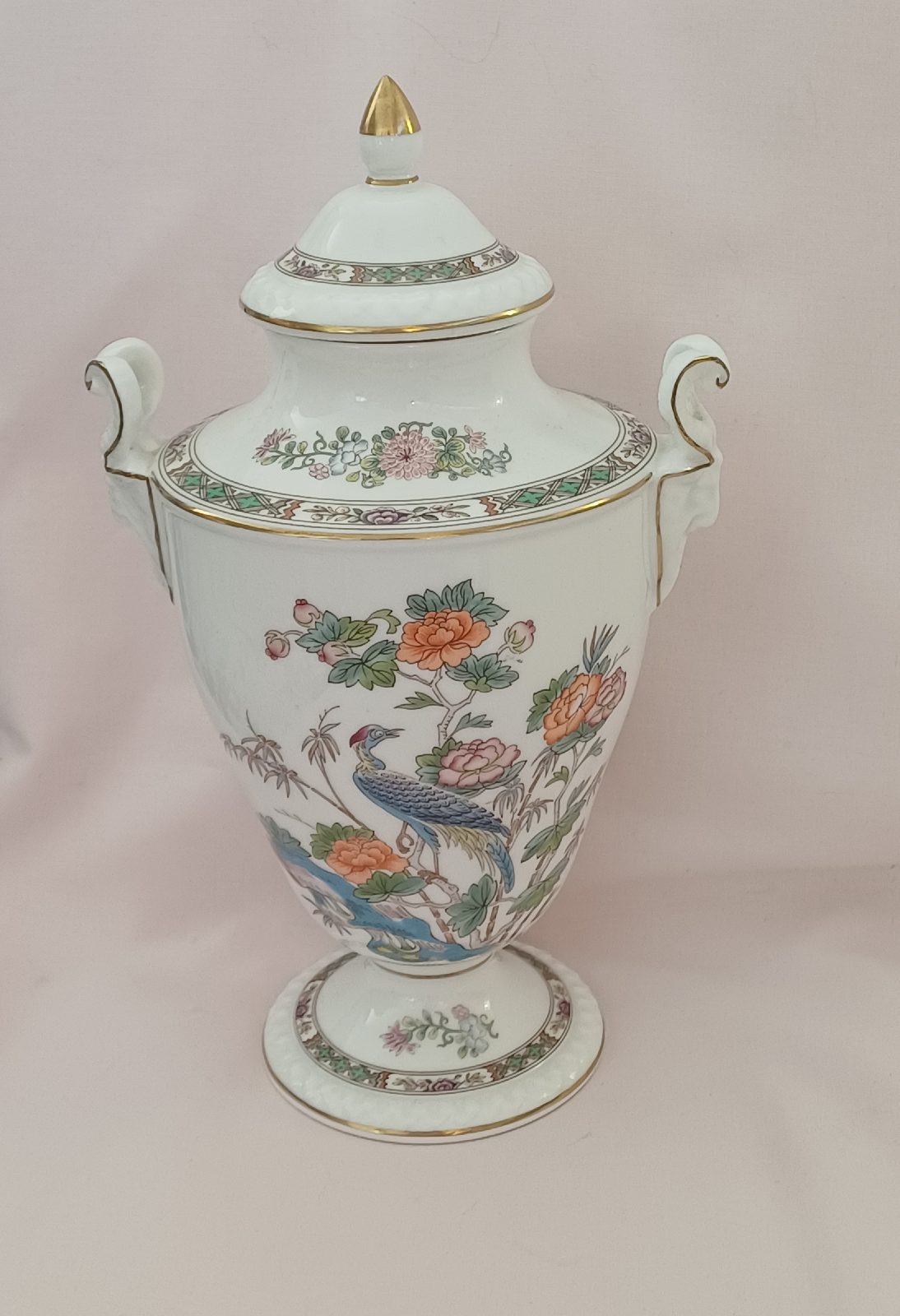 Wedgwood Kutani Crane Bone China Lidded Urn Vase with Ram Handles