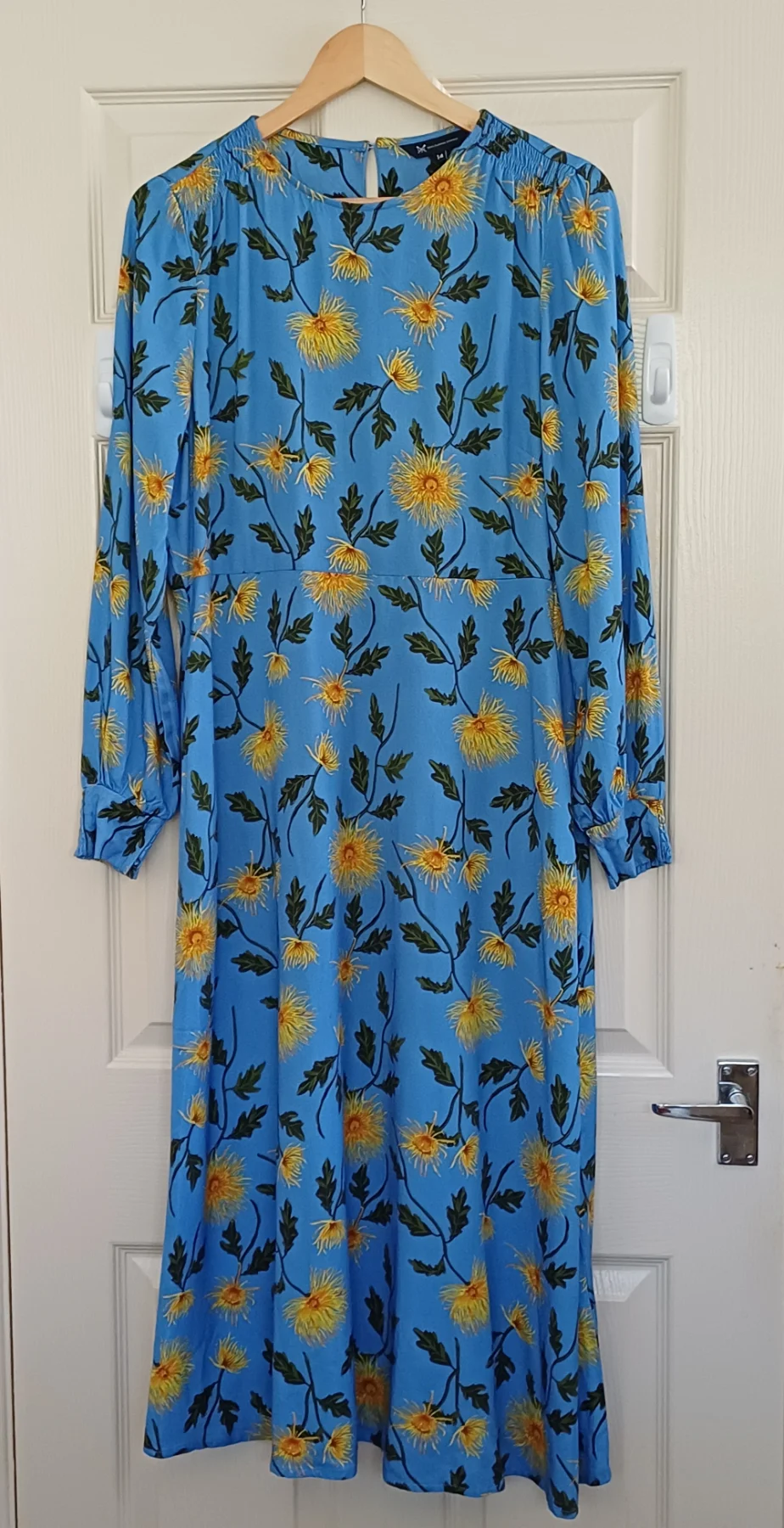 Crew Clothing Blue Floral Midi Dress Size 14 Long Sleeve Fit & Flare
