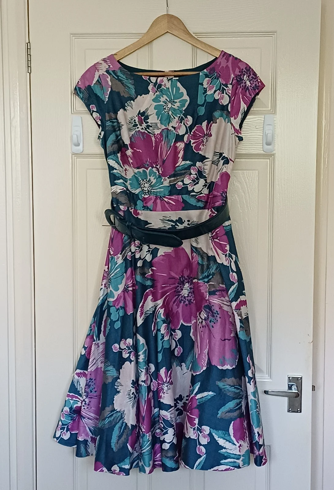 Monsoon Size 12 Y2K Floral Cotton Midi Dress Belted Fit & Flare 00s