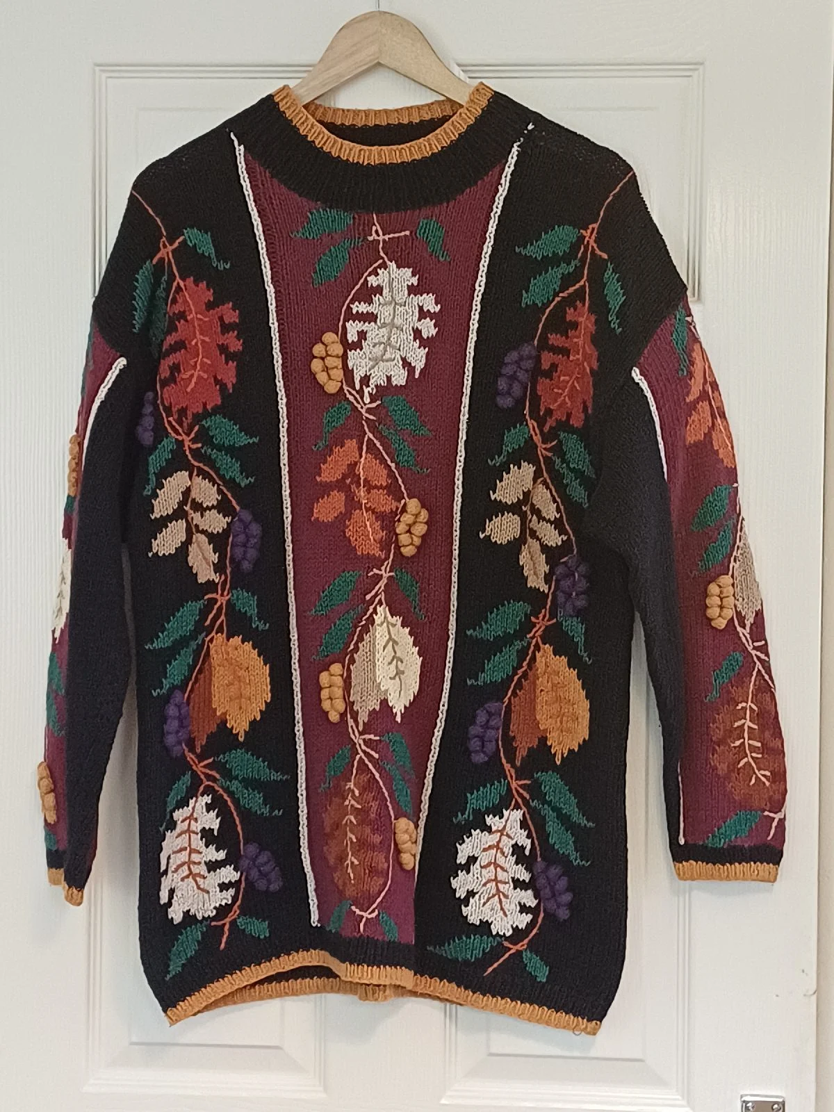 Vintage Knitter Julia 90s Art Knit Jumper XL 16 Autumn Leaf 3D Bobble Cotton